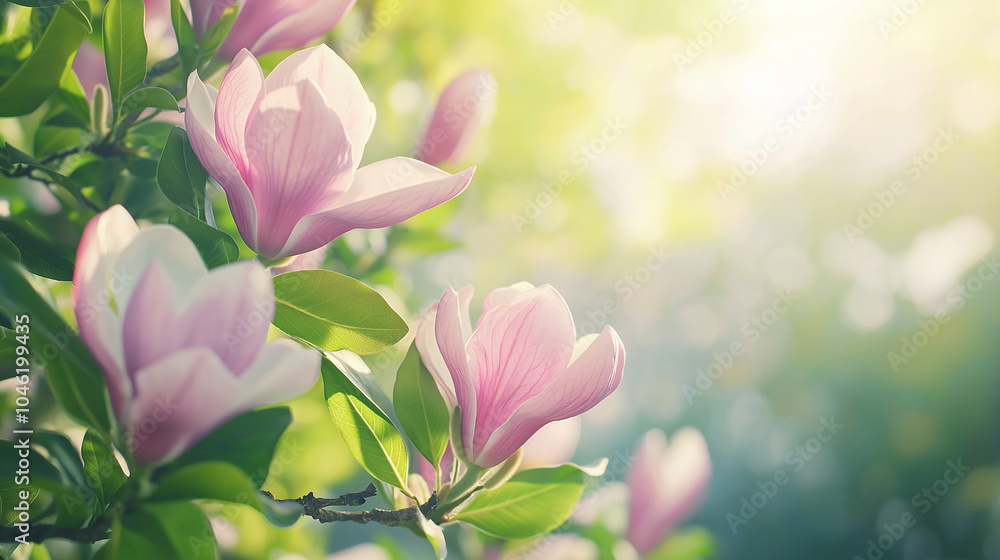 Soft pink magnolia blossoms unfurl in a vibrant garden,illuminated by warm sunlight,creating a serene and refreshing atmosphere in spring,copy space Soft pink magnolia blossoms unfurl in a vibrant garden,illuminated by warm sunlight,creating a serene and refreshing atmosphere in spring,copy space