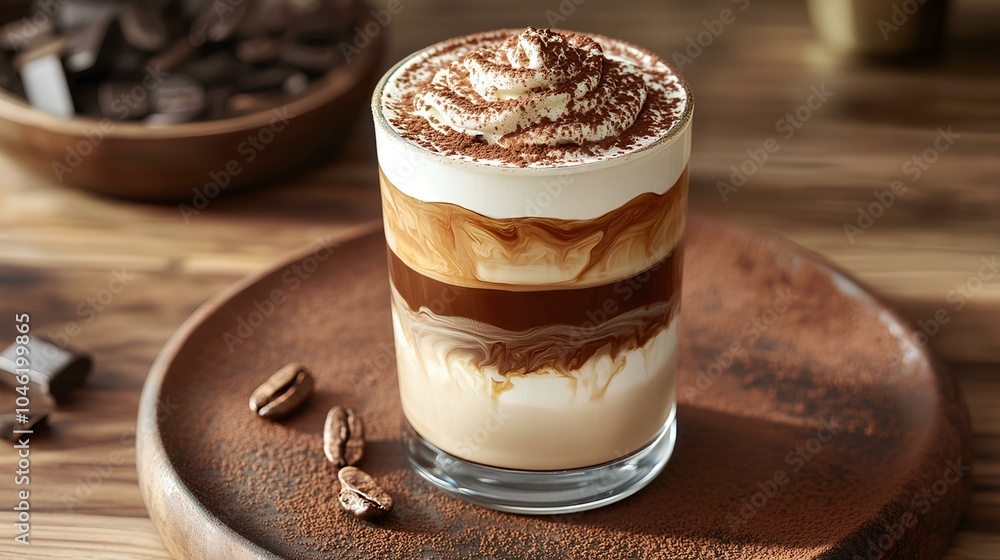 A delicious layered coffee dessert in a glass, topped with cream and cocoa, served on a wooden plate beside chocolate pieces. A delicious layered coffee dessert in a glass, topped with cream and cocoa, served on a wooden plate beside chocolate pieces.