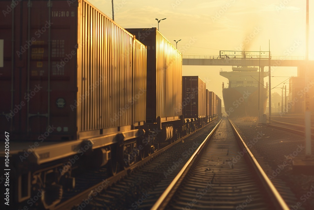 Containers are being transferred between a truck and a train at a transport facility during sunset, showcasing efficient logistics. Generative AI Containers are being transferred between a truck and a train at a transport facility during sunset, showcasing efficient logistics. Generative AI