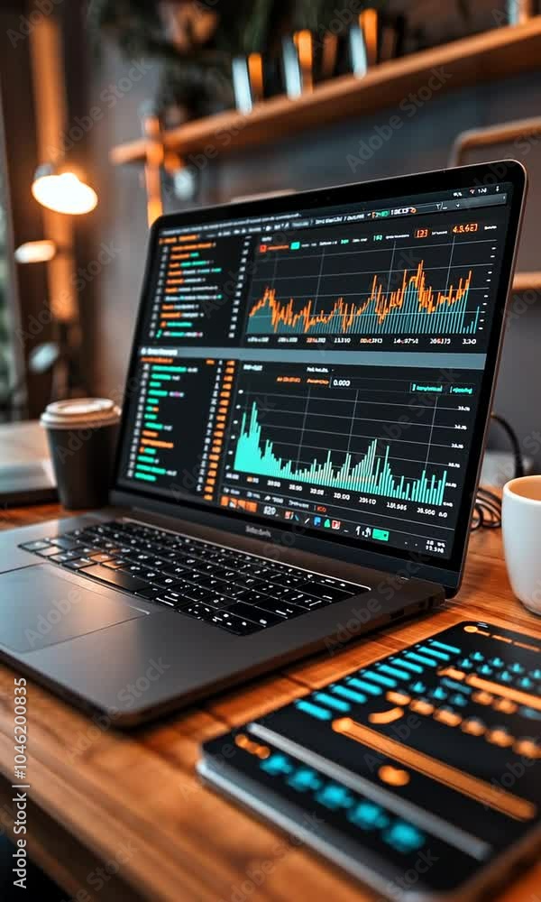 Close-up of a laptop displaying financial charts, with a keyboard and a blurred background. Close-up of a laptop displaying financial charts, with a keyboard and a blurred background.