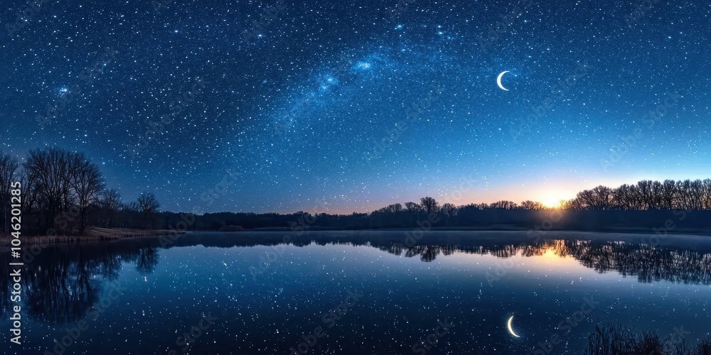 Fototapeta premium Serene Night Sky with Stars and Crescent Moon Reflection