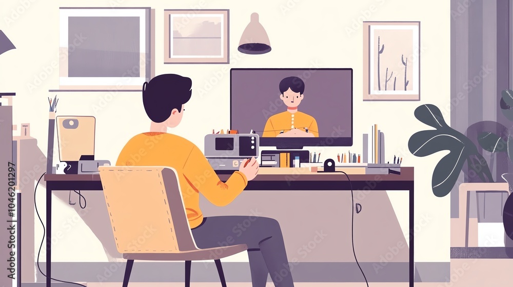 Person video conferencing indoors, cozy workspace with plants and modern decor. Person video conferencing indoors, cozy workspace with plants and modern decor.