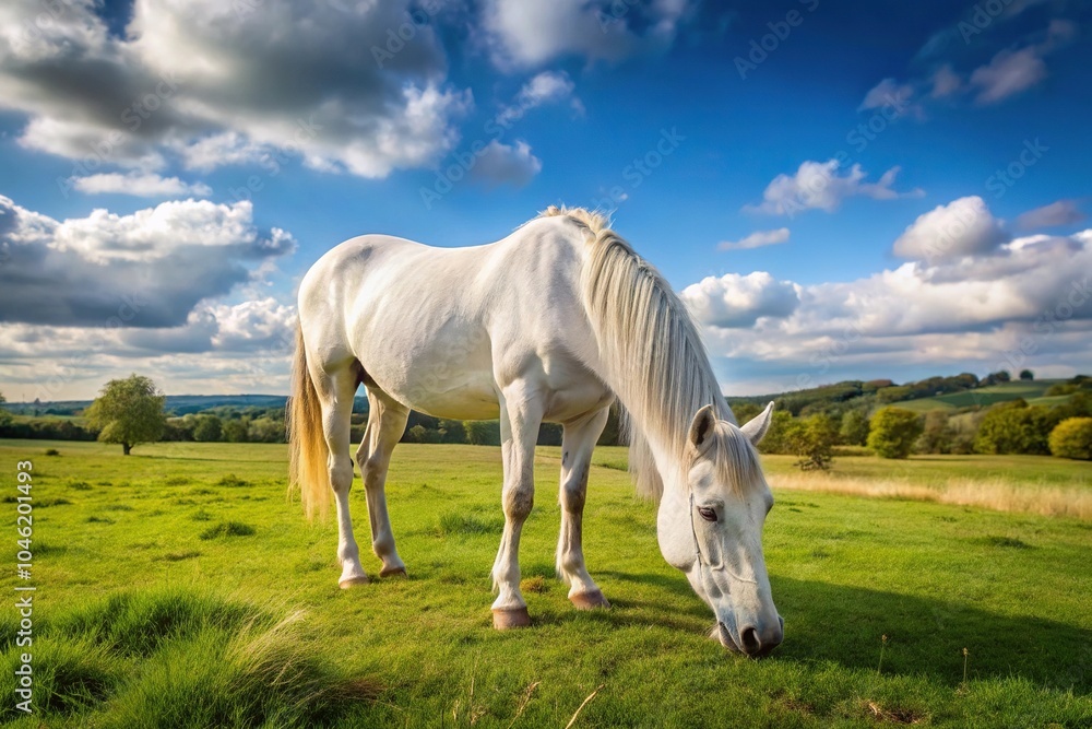 White horse grazing in French countryside White horse grazing in French countryside