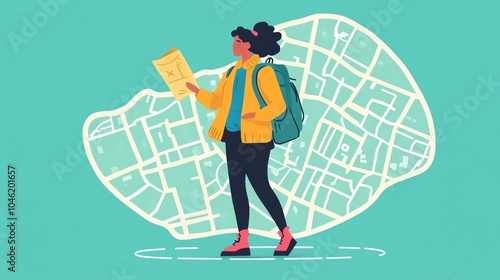 Young woman exploring a map while backpacking in vibrant city on a teal background.