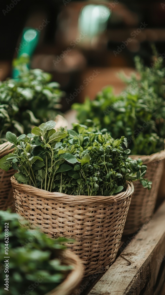Fresh Herbs Displayed in Baskets at Farmers Market Fresh Herbs Displayed in Baskets at Farmers Market