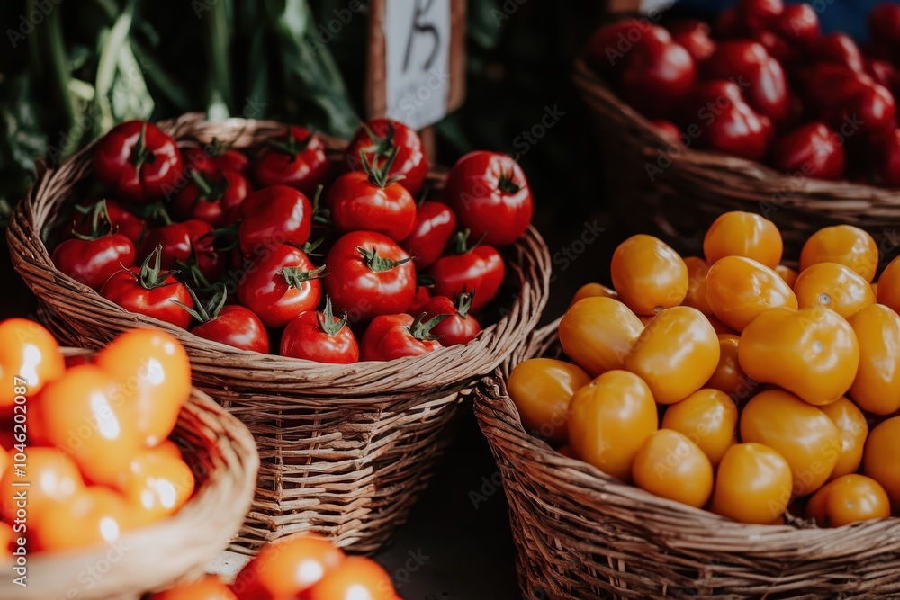 Colorful Baskets of Fresh Peppers and Tomatoes Colorful Baskets of Fresh Peppers and Tomatoes