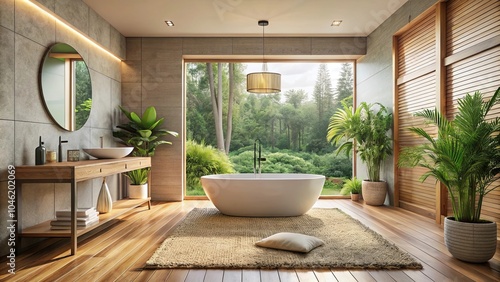 A Modern Bathroom with a Rustic Aesthetic and Abundant Greenery  Showcasing a Freestanding Tub and a Large Window with a View of Lush Foliage