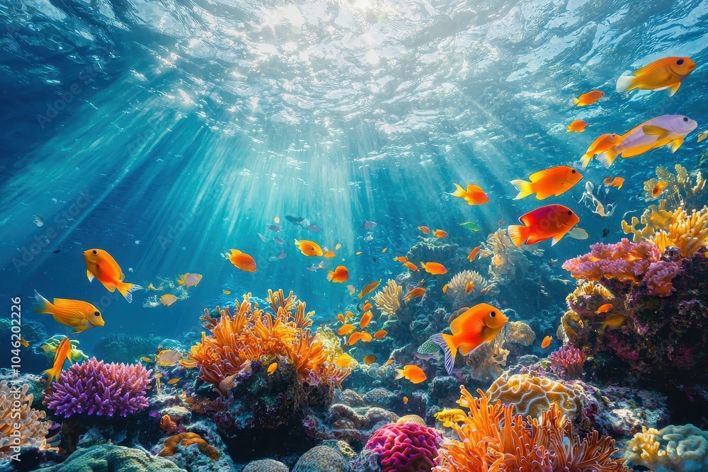 Naklejka premium Vibrant Underwater Scene with Colorful Coral Reefs