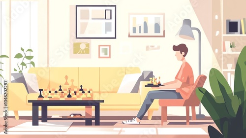 A person playing chess in a cozy living room with a modern design and bright colors.