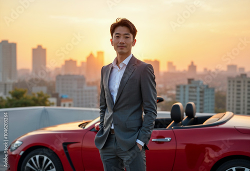 Japanese businessman standing by a luxury convertible – parked on a rooftop overlooking the city at sunset, his modern outfit and the high-end car showcasing his success and refined taste.