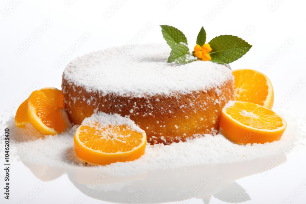 Close-up of a whole orange cake topped with candied orange slices and powdered sugar isolated on white background Close-up of a whole orange cake topped with candied orange slices and powdered sugar isolated on white background