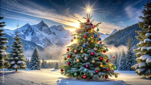 A Festive Christmas Tree Stands Tall Against a Backdrop of Snow-Capped Mountains and a Golden Sunrise