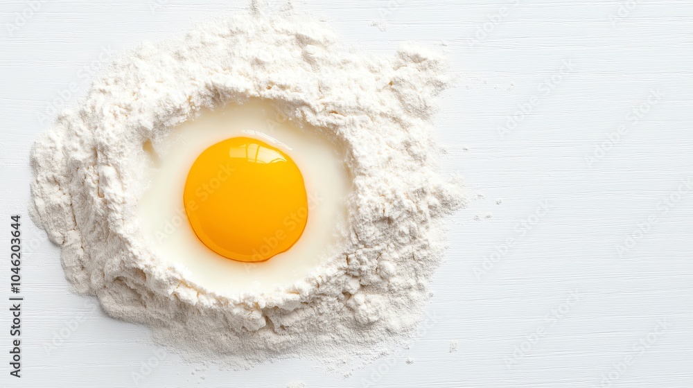 Raw egg yolk in a mound of flour on a white background Raw egg yolk in a mound of flour on a white background