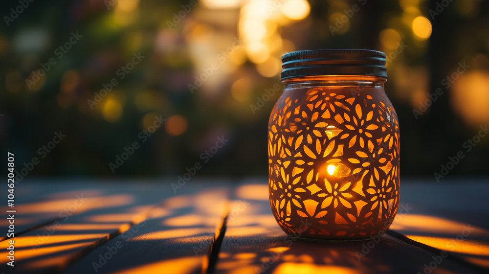 glass Mason jar with a metal lid and a floral cutout design sits on a wooden table. jar is lit from within,casting a warm,orange glow,copy space glass Mason jar with a metal lid and a floral cutout design sits on a wooden table. jar is lit from within,casting a warm,orange glow,copy space