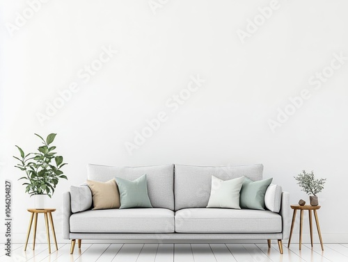 Sleek grey sofa with cute pastel pillows, placed in a modern living room with gold accents, sofa, charming and stylish