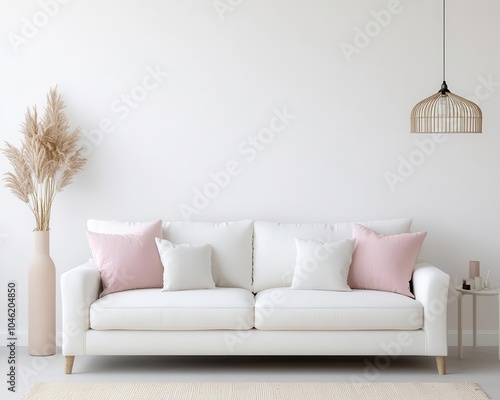 Elegant white sofa with plush cushions in a pastelthemed living room, surrounded by soft pink accents, sofa, charming and cute decor photo