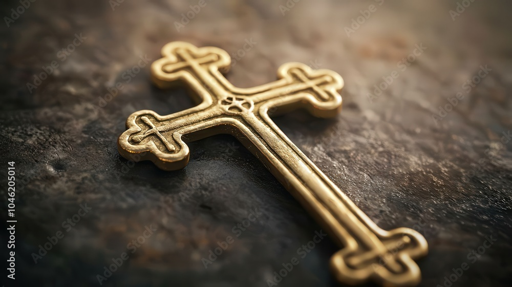 Golden Cross Symbolizing Faith and Spirituality on Rustic Background Golden Cross Symbolizing Faith and Spirituality on Rustic Background
