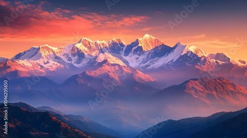 Magnificent Snowcapped Peaks at Dramatic Sunset in Serene Mountain Landscape