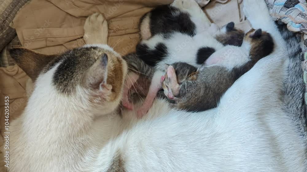 A Indonesian domestic cat is breastfeeding and cleans her kittens on box with cloth. A Indonesian domestic cat is breastfeeding and cleans her kittens on box with cloth.