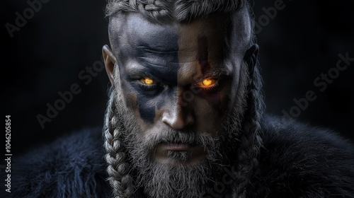 Warrior with fierce expression, detailed tribal face paint, dramatic lighting.