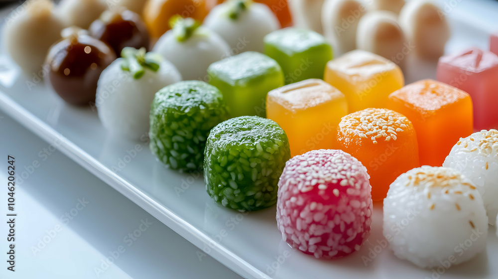 A variety of colorful Asian sweets arranged on a white plate, including jelly cubes and round rice treats. Some are garnished with sesame seeds, creating a vibrant display of textures and flavors. A variety of colorful Asian sweets arranged on a white plate, including jelly cubes and round rice treats. Some are garnished with sesame seeds, creating a vibrant display of textures and flavors.