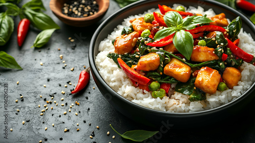 Wallpaper Mural Stir-Fried Tofu with Vegetables on Steamed Rice - A vibrant bowl of stir-fried tofu served with red bell peppers, spinach, peas, and sesame seeds on a bed of fluffy steamed rice. Torontodigital.ca