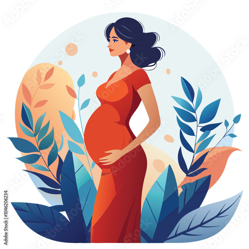 Single one line drawing  beautiful pregnant woman standing with a big belly. World Population Day. Continuous line art  design graphic vector illustration on white background 