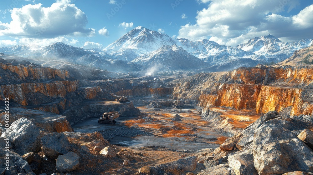 Obraz premium A vast mining landscape with mountains and rocky terrain.