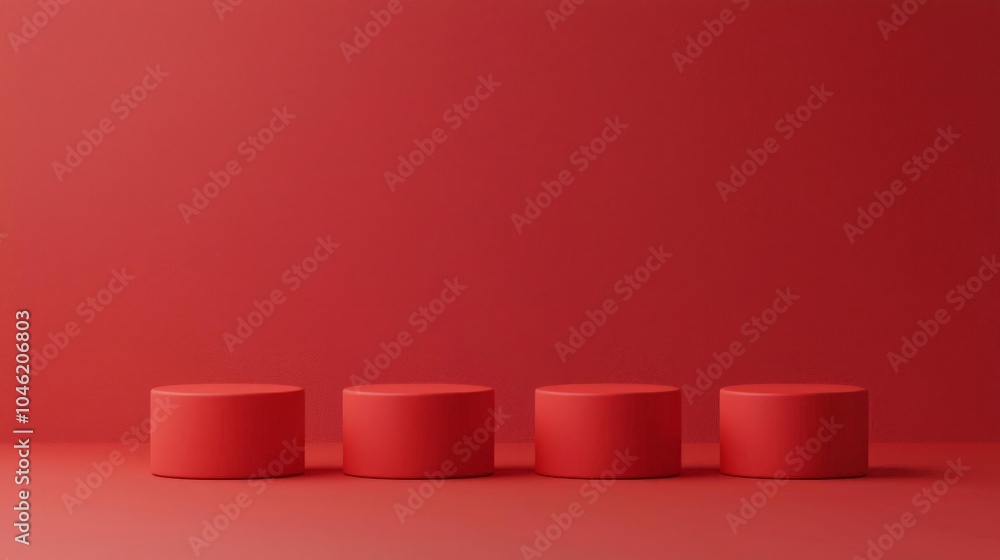 Four red cylindrical podiums on a red background Minimalist design for product display or presentation 3D rendering Four red cylindrical podiums on a red background Minimalist design for product display or presentation 3D rendering