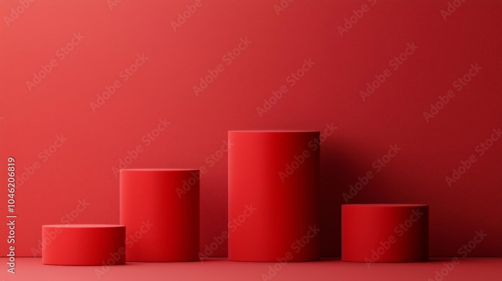 Four red cylindrical podiums on a red background Minimalist design for product display 3D rendering Four red cylindrical podiums on a red background Minimalist design for product display 3D rendering