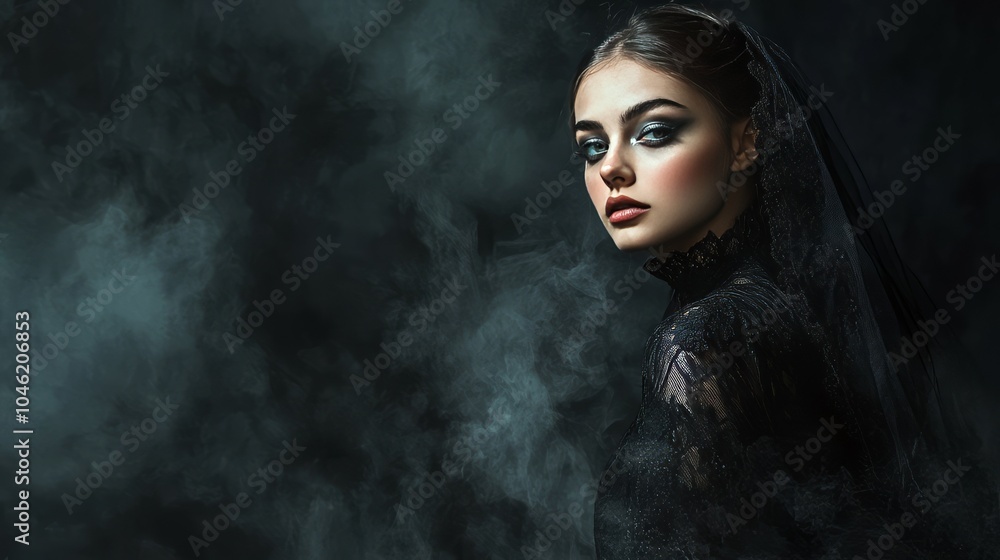 Mystical Elegance of a Woman in Black Lace Veil Against a Dark Mysterious Background Mystical Elegance of a Woman in Black Lace Veil Against a Dark Mysterious Background