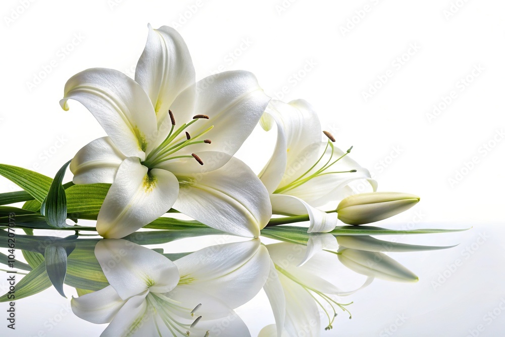 White lily branch reflection on white background White lily branch reflection on white background