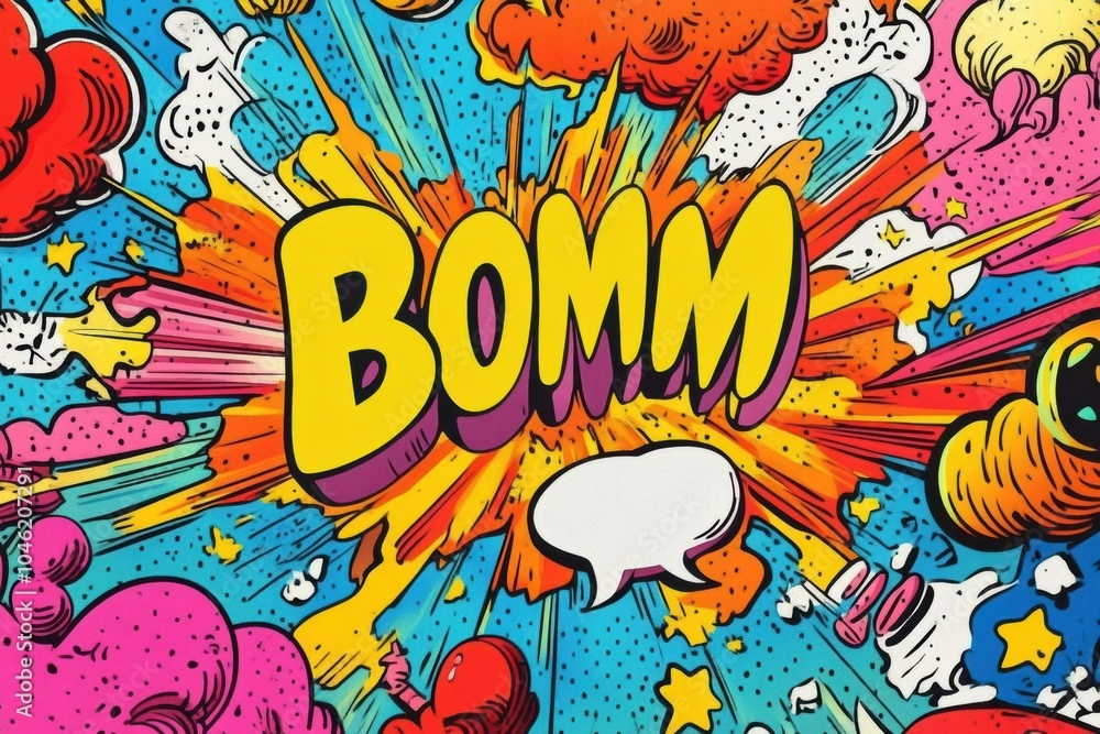 A vibrant comic-style explosion showcases the word BOMM with playful colors, surrounded by whimsical doodles and sound effects. Generative AI A vibrant comic-style explosion showcases the word BOMM with playful colors, surrounded by whimsical doodles and sound effects. Generative AI