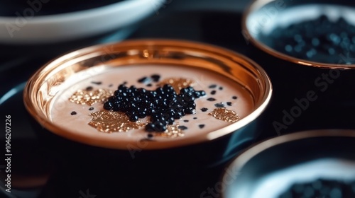 Luxurious caviar presentation on creamy base with golden accents