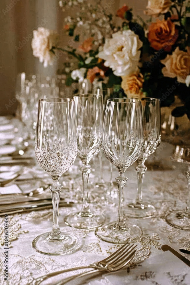Elegant table setting with crystal glassware and floral centerpiece for special occasions Elegant table setting with crystal glassware and floral centerpiece for special occasions