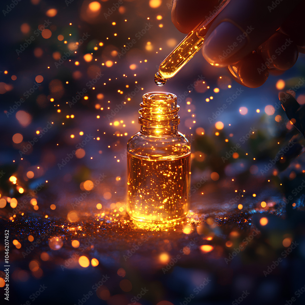Magical Golden Elixir Dropper Bottle with Glowing Particles Magical Golden Elixir Dropper Bottle with Glowing Particles