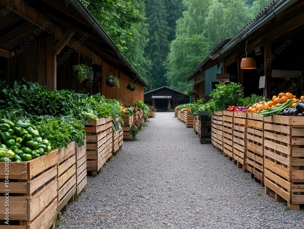 Naklejka premium Rustic openplan rural market with wooden stalls and gravel paths, nestled in a wooded area near farms, rural market, simple and natural