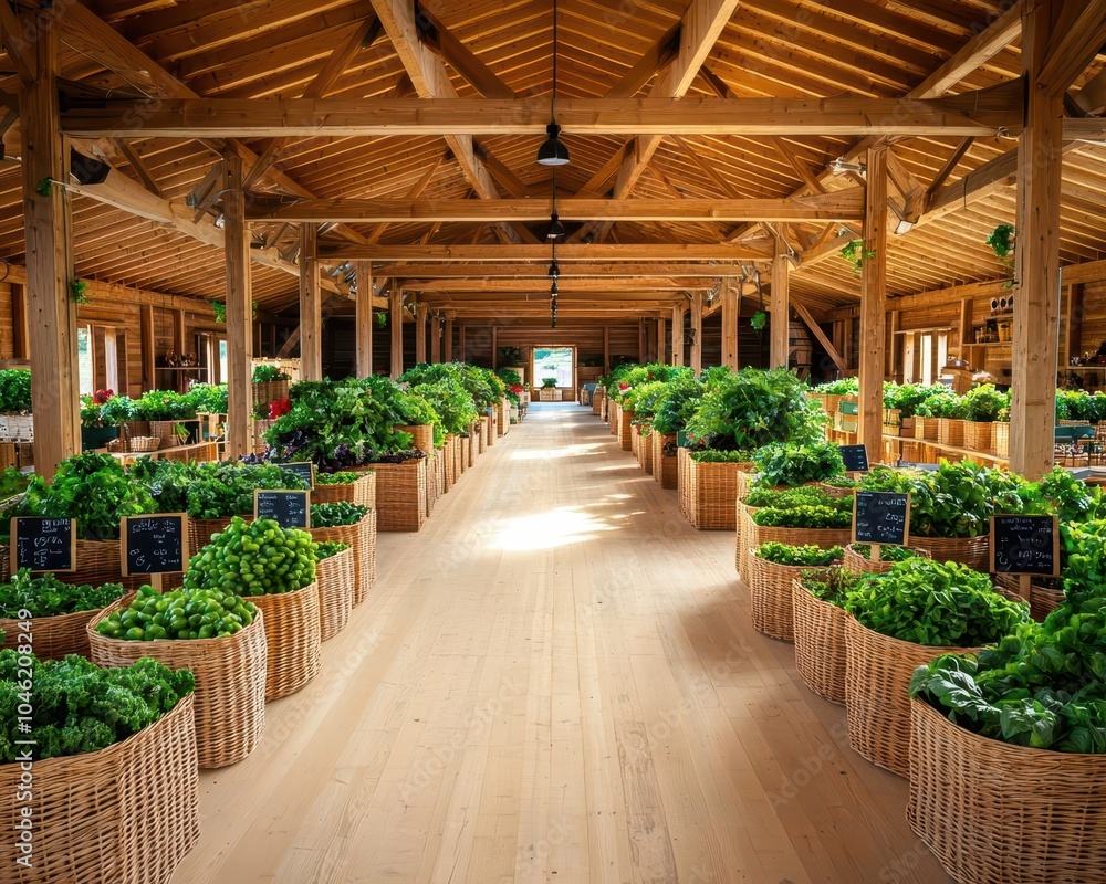 Fototapeta premium Barnstyle rural market with wooden beams and spacious stalls, placed in a village surrounded by farms, rural market, rustic and welcoming