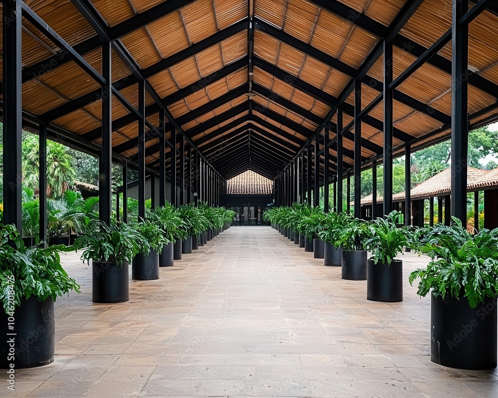 Open pavilionstyle rural market with corrugated iron roofing and wooden pillars, located in a lush rural setting, rural market, functional and airy Open pavilionstyle rural market with corrugated iron roofing and wooden pillars, located in a lush rural setting, rural market, functional and airy