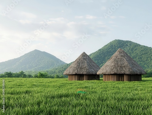 Timberframed rural market with thatched roofing and open spaces, set in a lush valley, rural market, traditional and charming photo