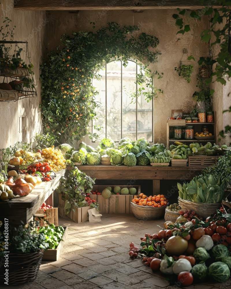 Obraz premium Organic Fruits and Vegetables in Rustic Setting