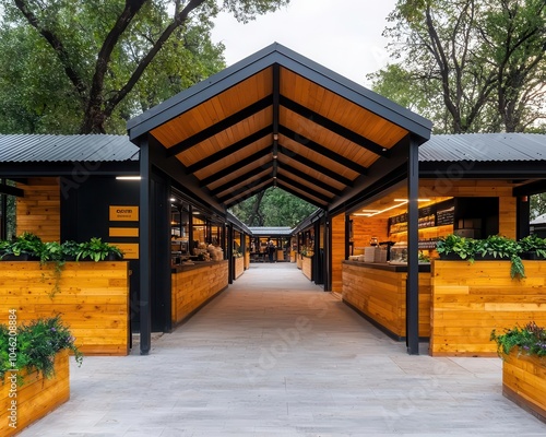 Rural market with pavilionstyle architecture, using reclaimed wood and corrugated iron, designed for openair shopping, rural market, sustainable rural design photo