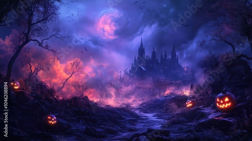 A halloween background realistic mode. use a color palette with a mix of purple