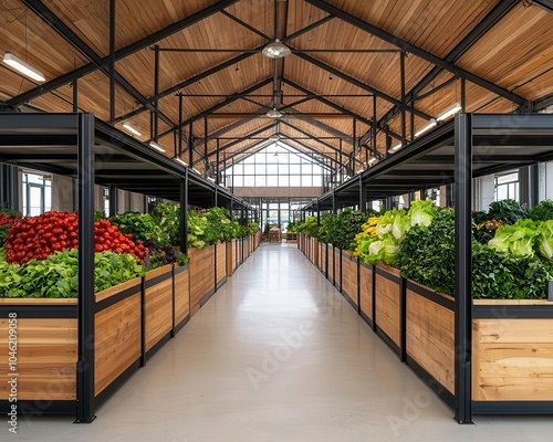 Rural market with pavilionstyle architecture, using reclaimed wood and corrugated iron, designed for openair shopping, rural market, sustainable rural design photo