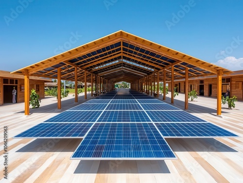 Rural market with solarpaneled roof and natural wood framing, designed for sustainability and local commerce, rural market, ecoconscious design photo