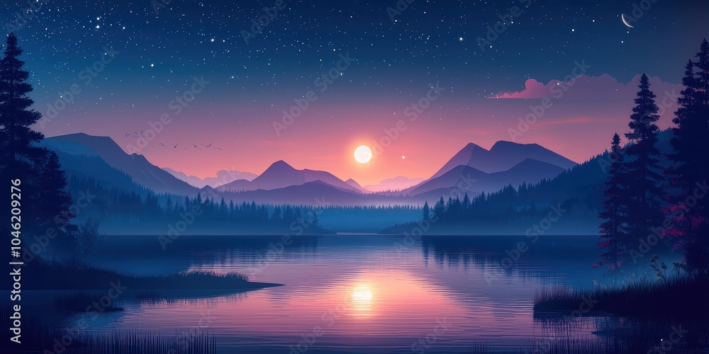 Fototapeta premium Serene Night with Glowing Moon Over Tranquil Landscape
