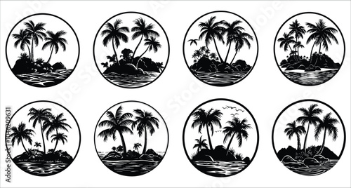 Palm trees and sunset silhouettes, Tropical landscape, Tropical beach landscape silhouettes vector, Summer vacation concept circle icon, Tropical paradise island logo silhouettes 