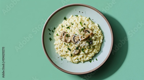 Creamy Mushroom Risotto on a Teal Plate