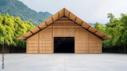 Opensided rural market with bamboo frame and thatched roof, providing shade while blending with the natural environment, rural market, ecofriendly design photo