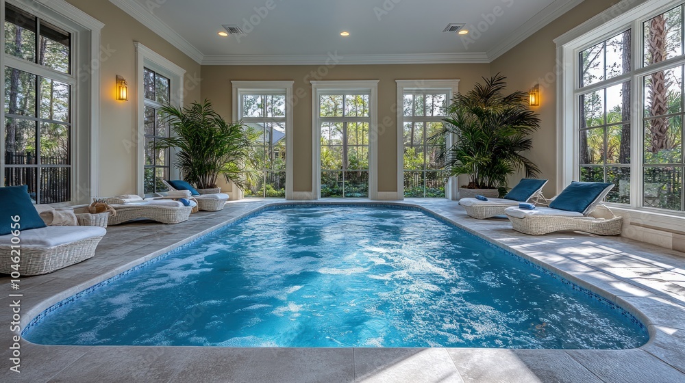 Obraz premium Indoor pool area with natural light and comfortable seating.